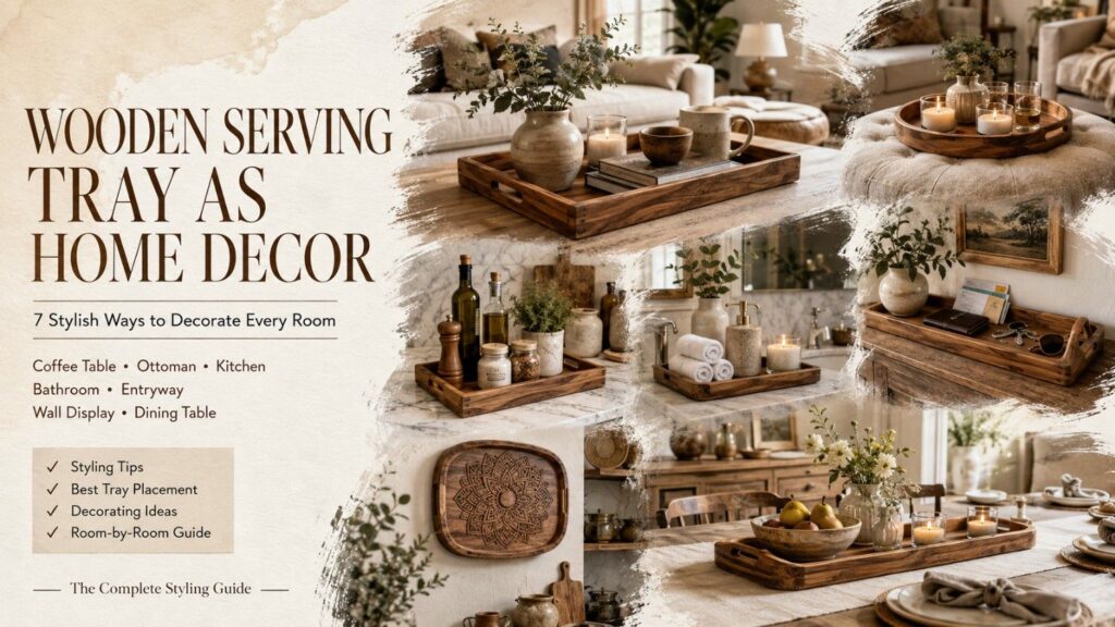 wooden serving tray as home decor styled on a coffee table