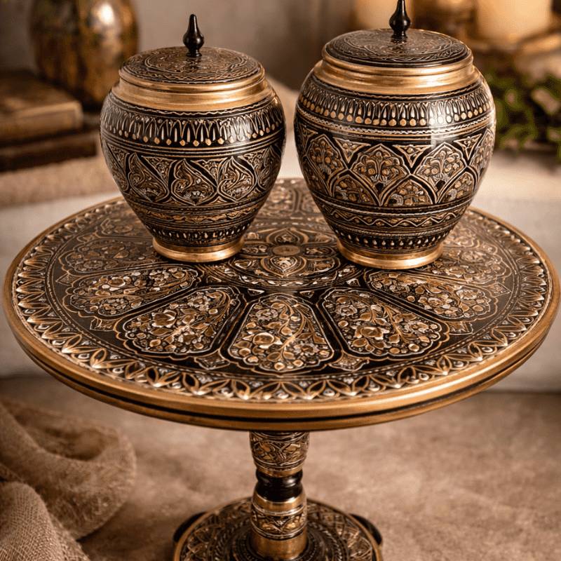 Decorative Accent Table Set with Ornate Jars