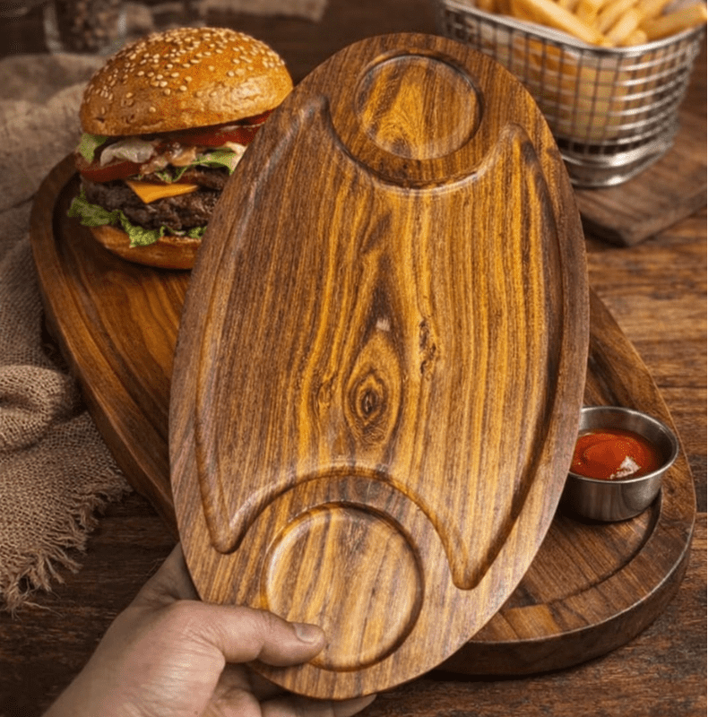 Handcrafted Wooden Burger Tray with Sauce