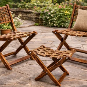 Handcrafted Wooden Folding Chair & Stool Set