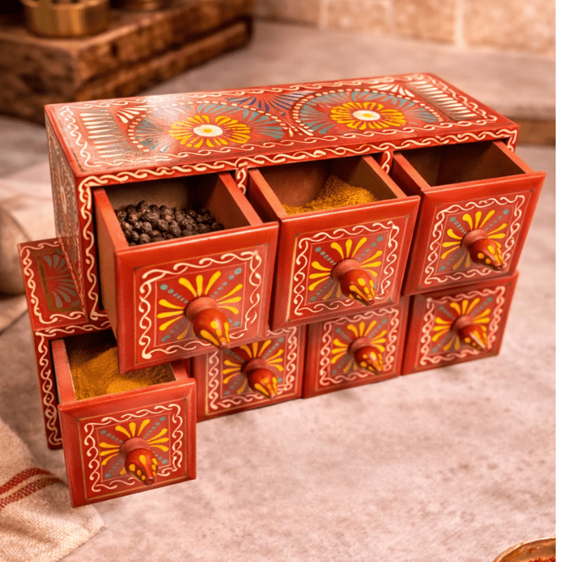 Handcrafted Wooden Masala Box with Drawer Storage