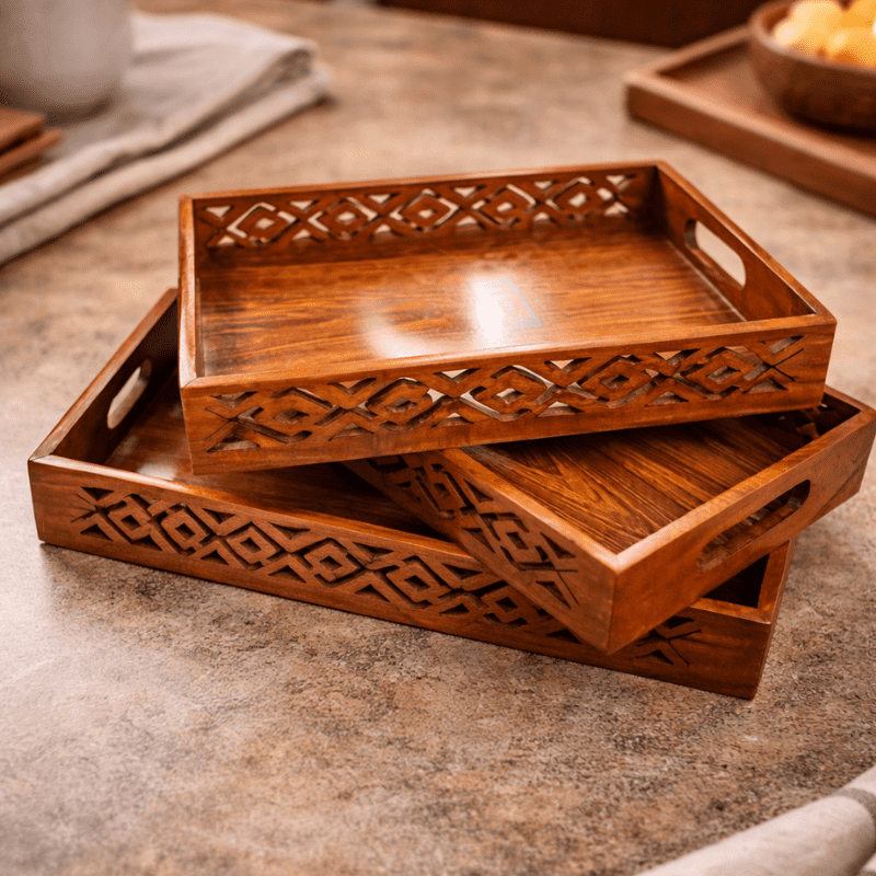 Handmade Wooden Serving Tray Set
