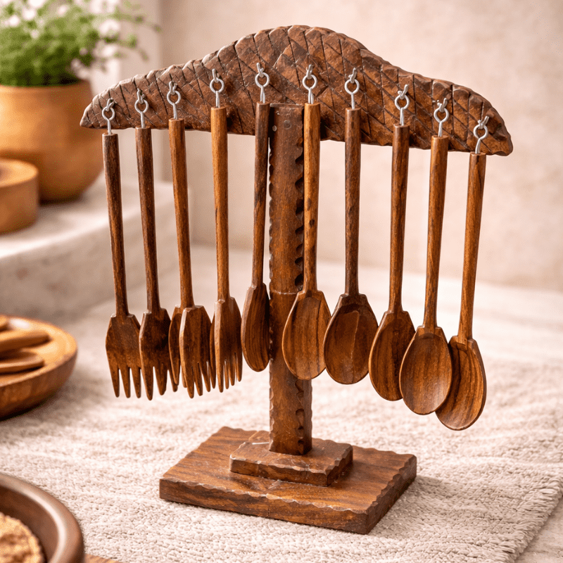 Wooden Fork & Spoon Set with Stand