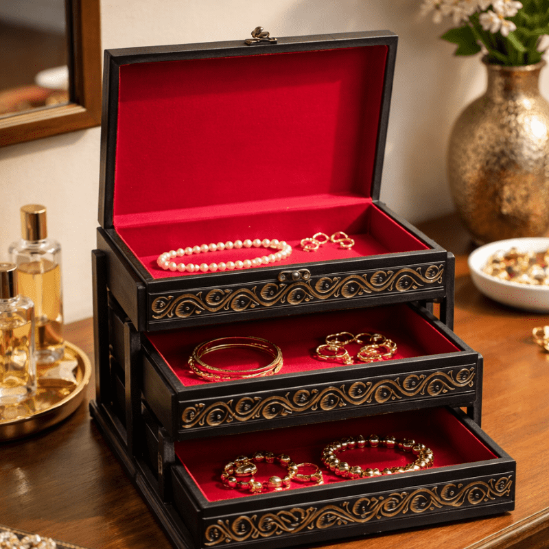 Wooden Jewelry Box with Drawers