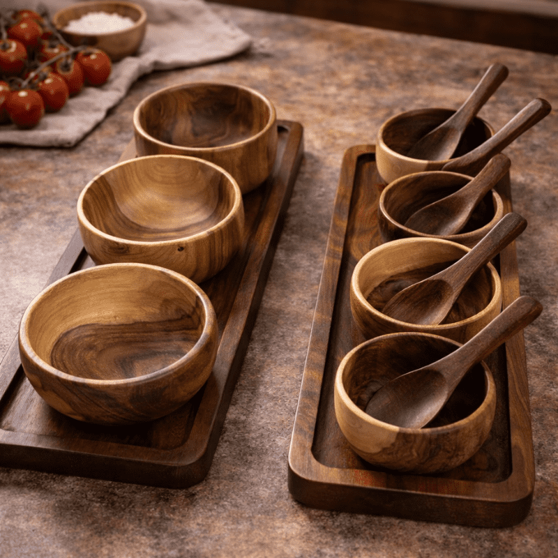 Wooden Serving Tray Set with Bowls & Spoons