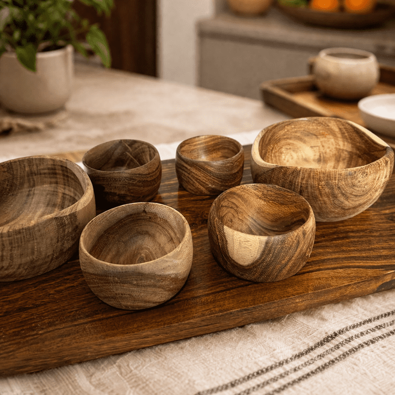 Wooden Serving Tray with Bowl Set