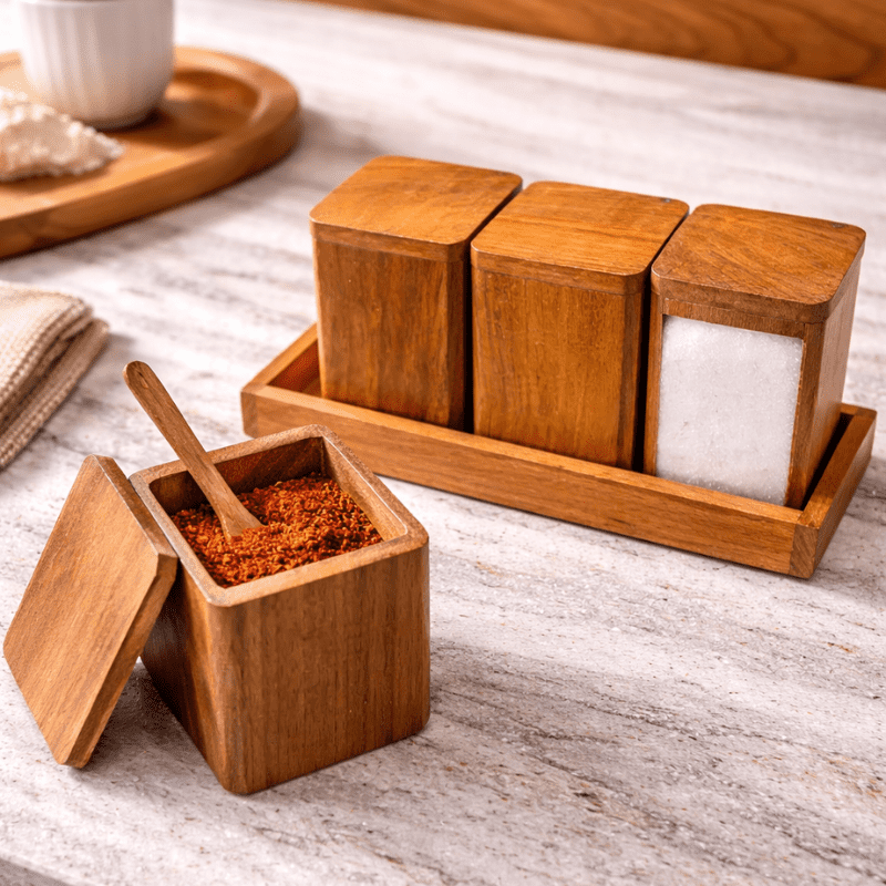 Wooden Spice Box Organizer Set