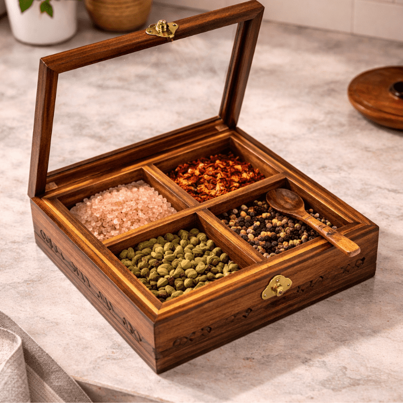 Wooden Spice Organizer with 4 Compartments